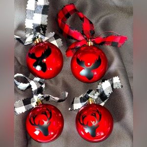 Lot of 4 Red Christmas Ornaments with Moose & Deer Appliqués 3" Diameter Round